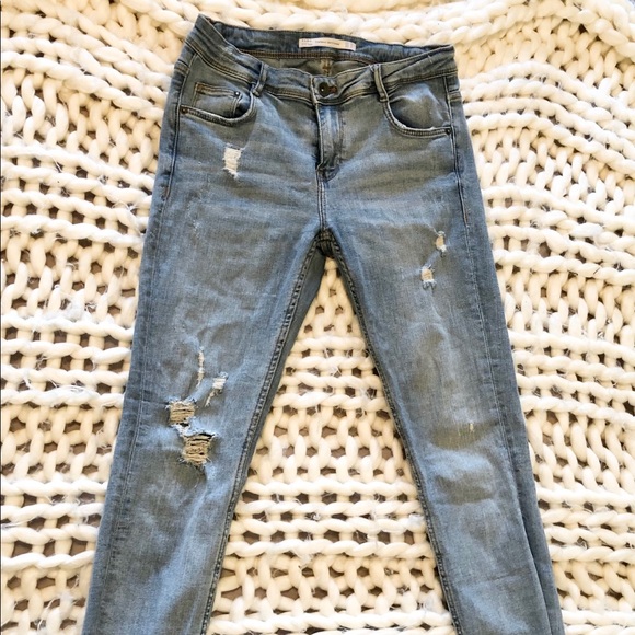 Zara trafaluc denim jeans fringe ankle distressed - Picture 4 of 8